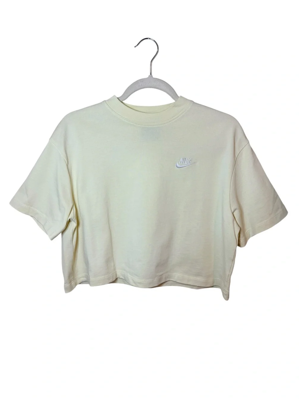Nike Essential Cropped Tee Light Yellow Embroidered Logo Medium